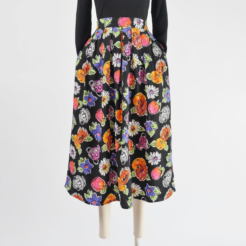 Vintage Cute Floral Vase Pottery Print Full Pleated Midi Skirt with Pockets M